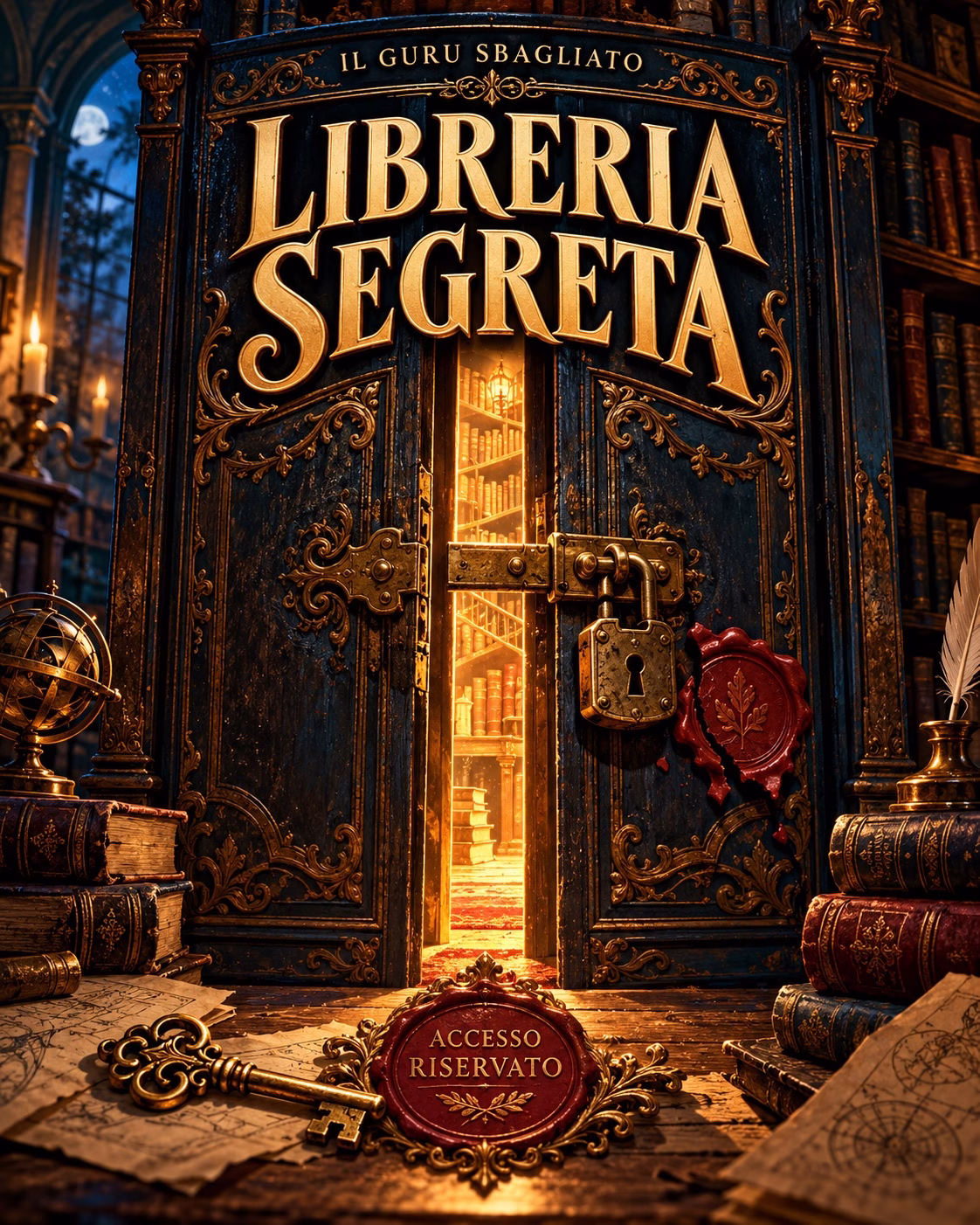 Libreria Segreta: una porta sigillata si apre su scaffali illuminati