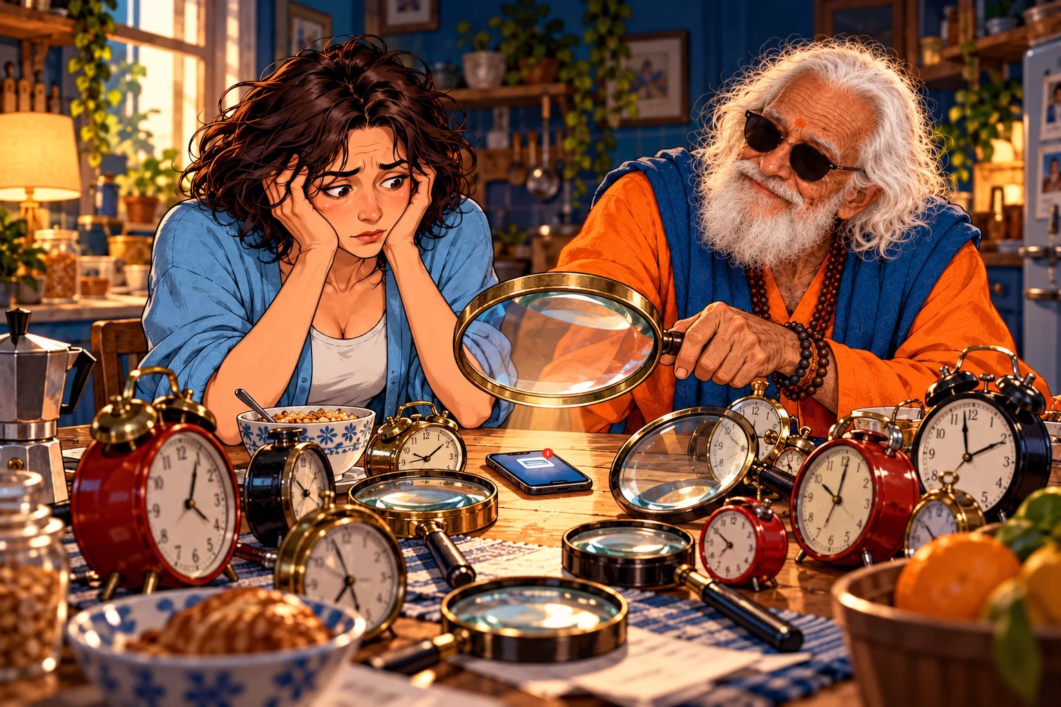 Il Guru ridimensiona una notifica tra sveglie e lenti d’ingrandimento accumulate da una persona preoccupata.
