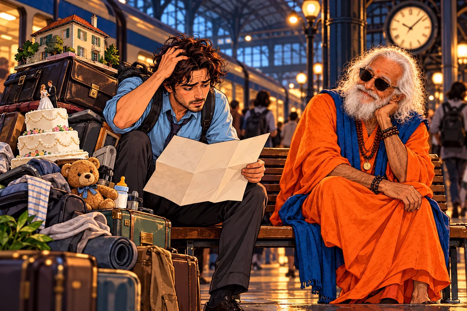 Un uomo smette di portare i traguardi altrui e guarda il proprio percorso, con il Guru alla stazione.