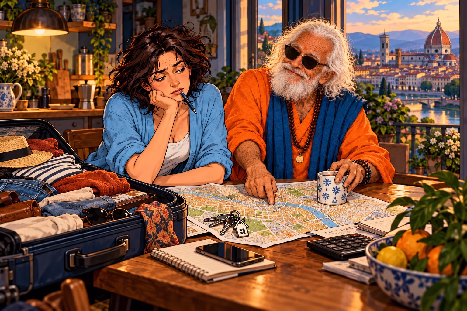 Una donna e il Guru confrontano valigia, mappa e costi reali di un trasferimento.