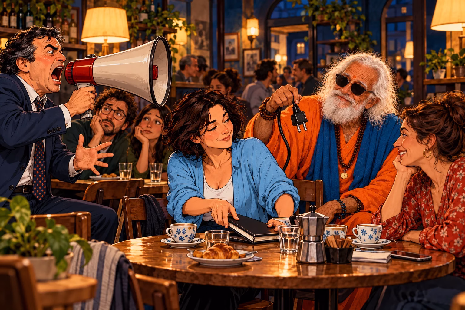 Un uomo lascia una discussione inconcludente mentre il Guru ridimensiona un megafono.